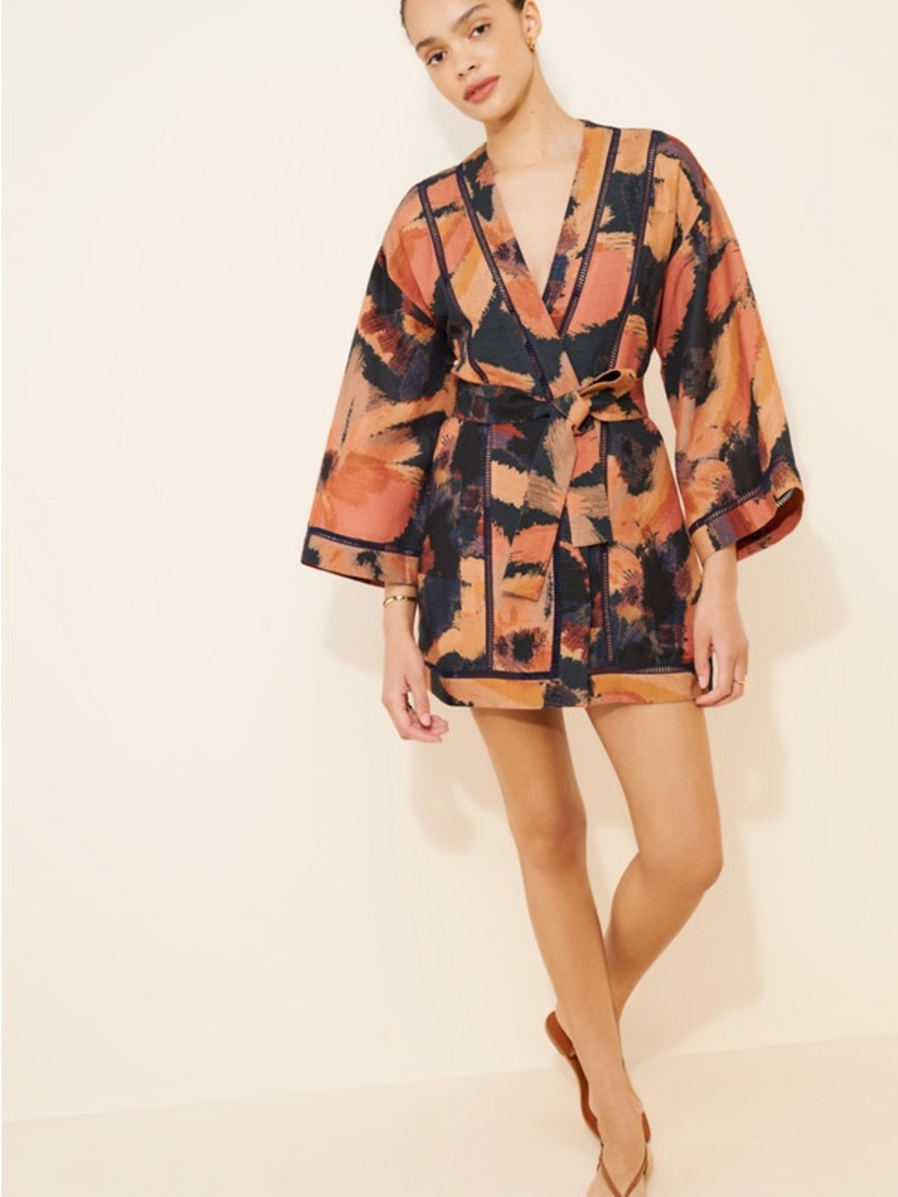 Abstract Print Tie-Waist Mini Dress in Rust & Navy